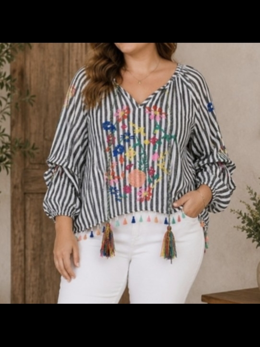 Striped Tassel Hem Embroidered V-Neck Women’s Top - Black & White